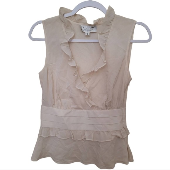 St. John Collection 100% Silk V- Neck Ruffle Sleeveless Blouse - Cream Size 4 - Picture 3 of 7